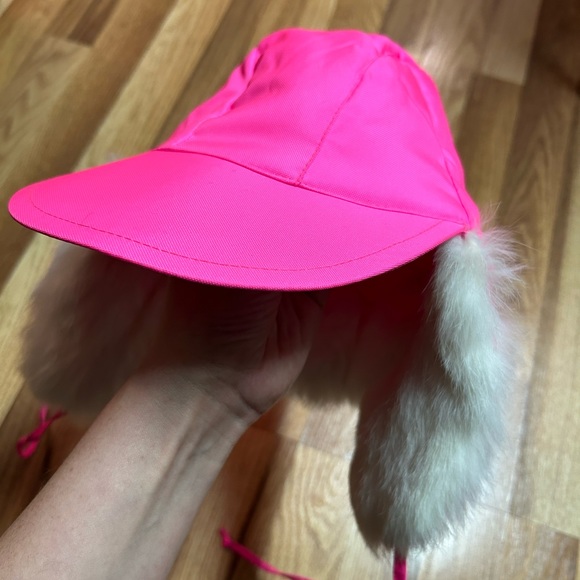 VINTAGE 80s 90s Pink Hat Gloves Set Ski Hot Pink Rabbit Fur Leather Aprés winter - Picture 8 of 9